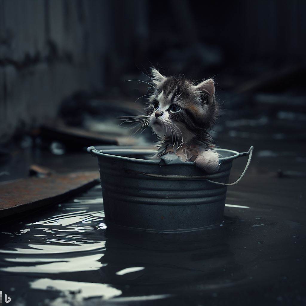 Poor kitten floats in a bucket over water damage on a dark and rainy day, vulnerable and helpless